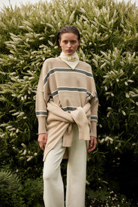 arcaa movement - harper stripe organic knit sweater - taupe/grey/cream