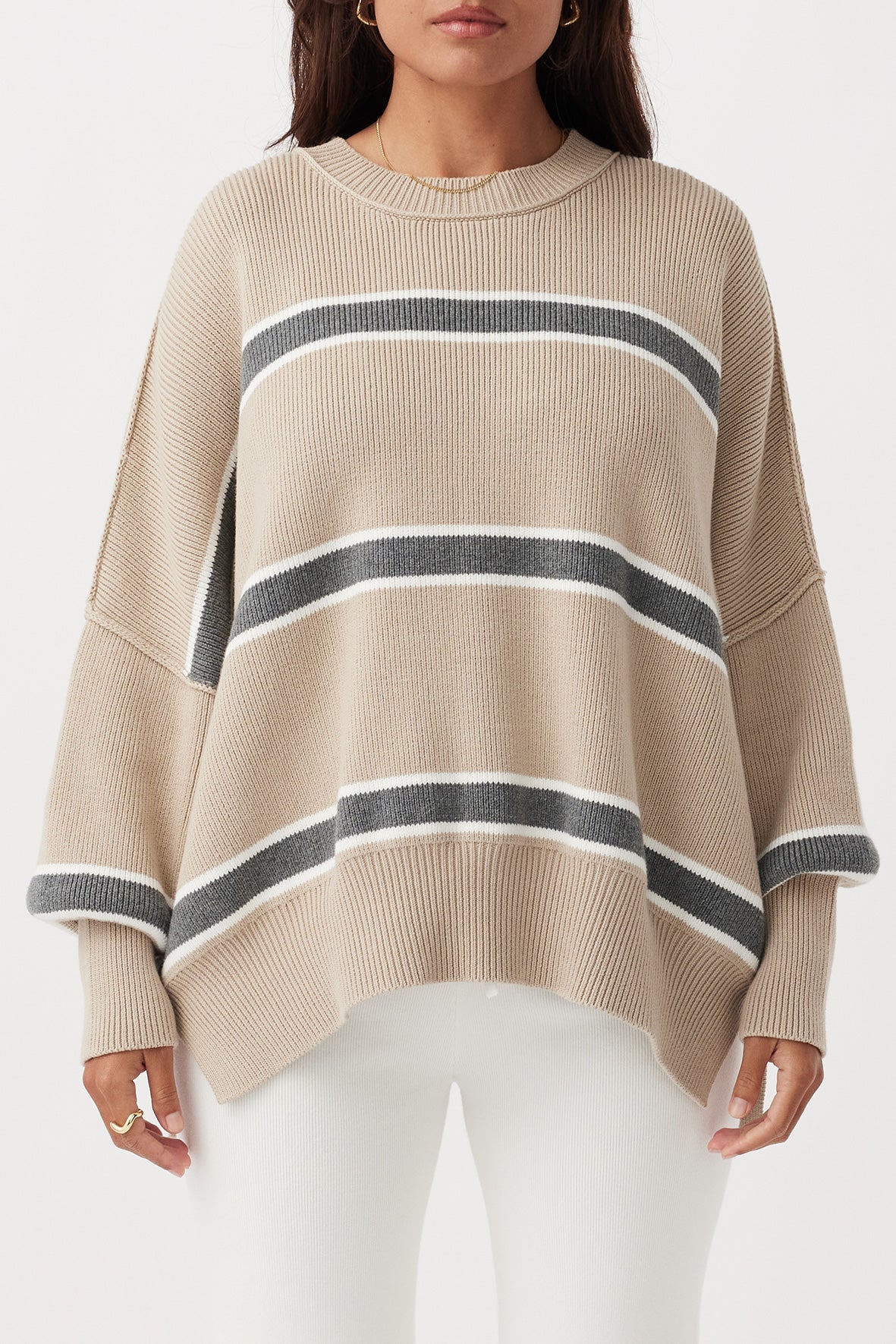 arcaa movement - harper stripe organic knit sweater - taupe/grey/cream