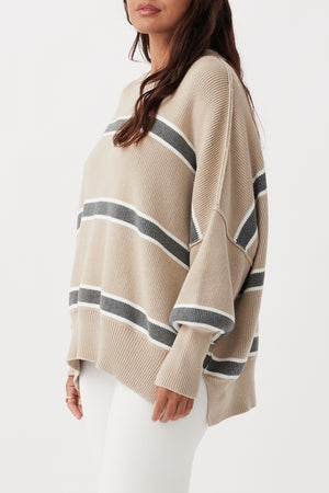 arcaa movement - harper stripe organic knit sweater - taupe/grey/cream