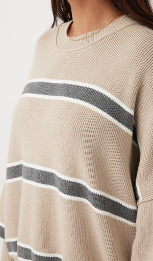 arcaa movement - harper stripe organic knit sweater - taupe/grey/cream