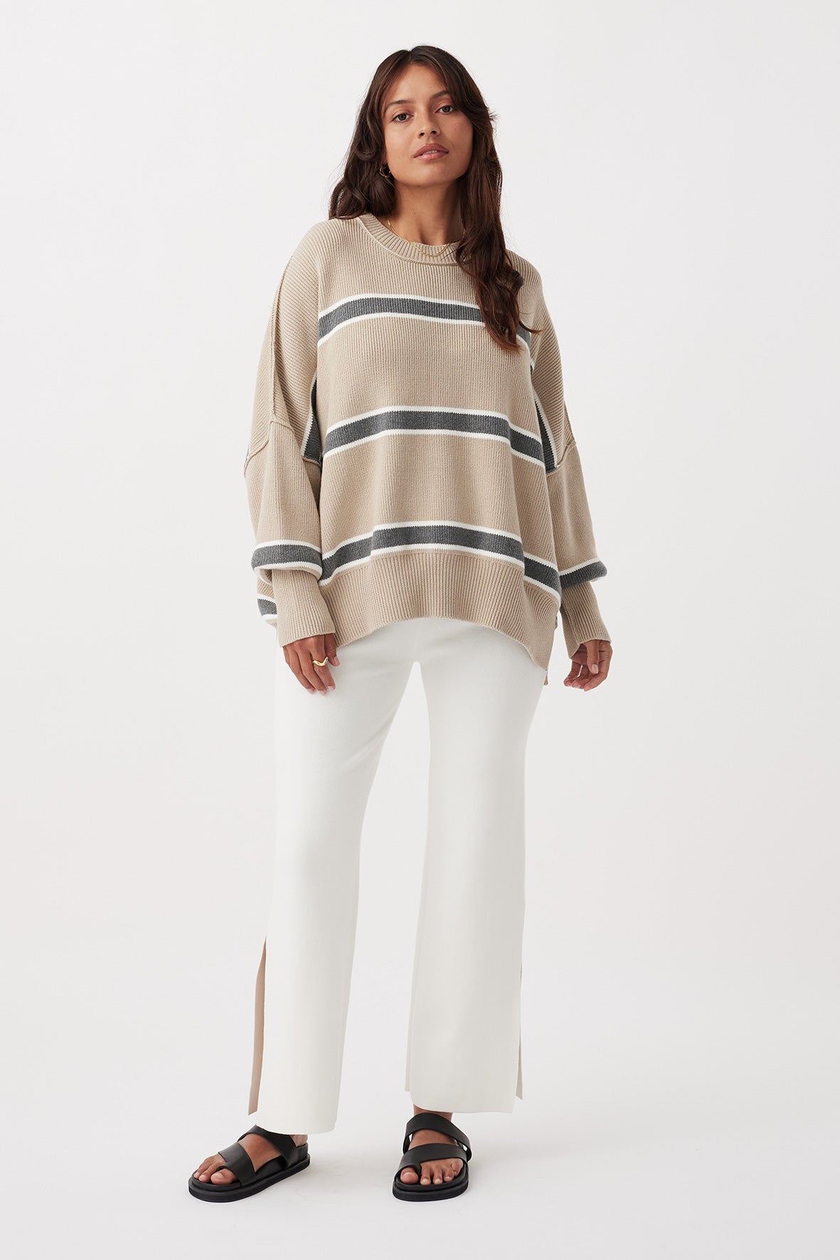 arcaa movement - harper stripe organic knit sweater - taupe/grey/cream