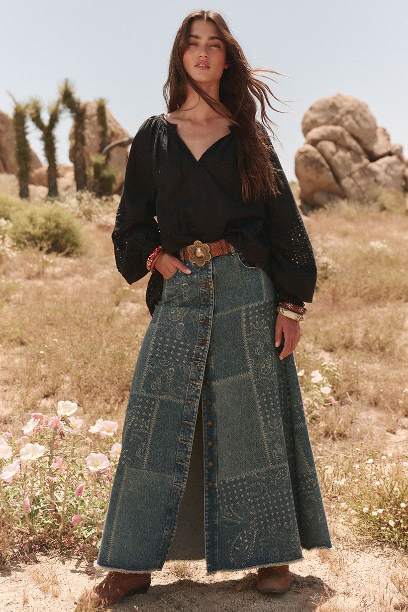 spell - road trip denim maxi skirt - bandana