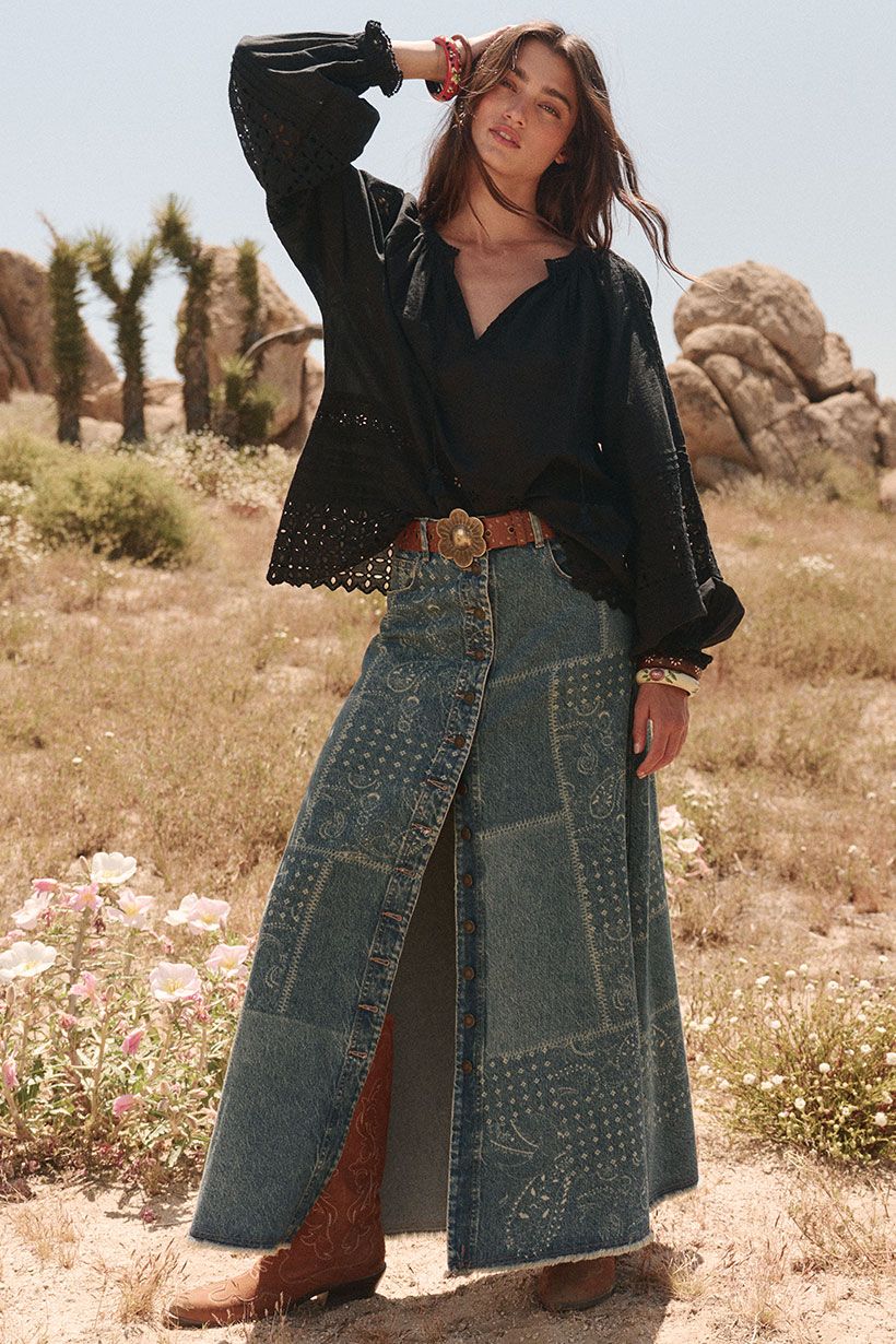 spell - road trip denim maxi skirt - bandana