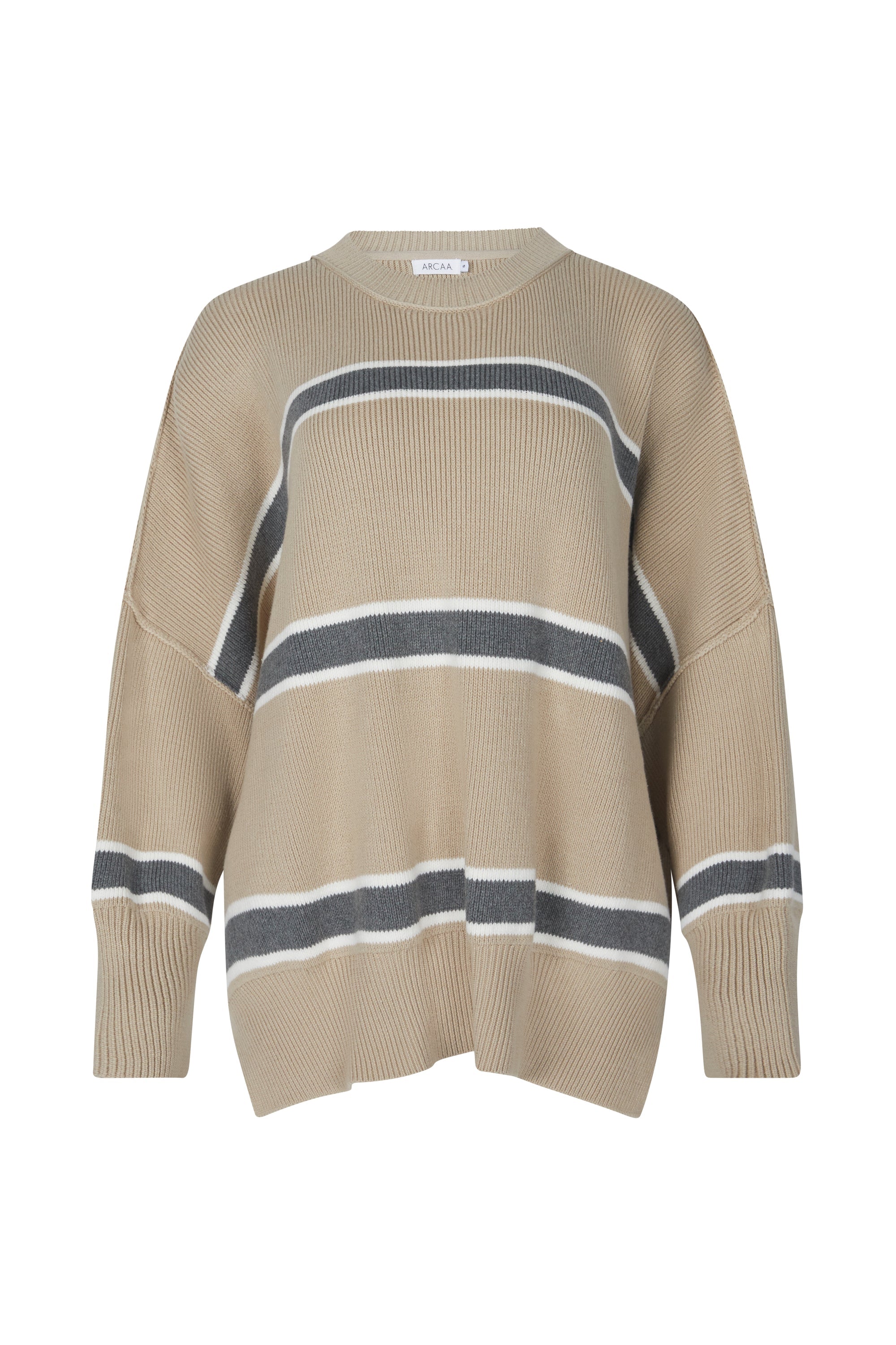 arcaa movement - harper stripe organic knit sweater - taupe/grey/cream