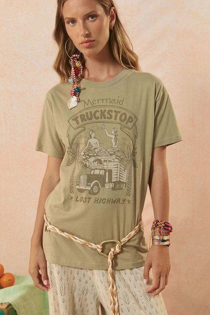 spell - mermaid truckstop biker tee - khaki