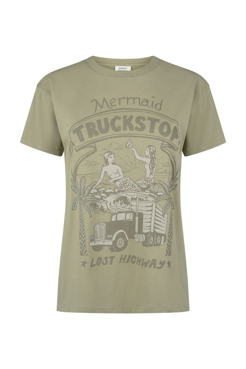 spell - mermaid truckstop biker tee - khaki