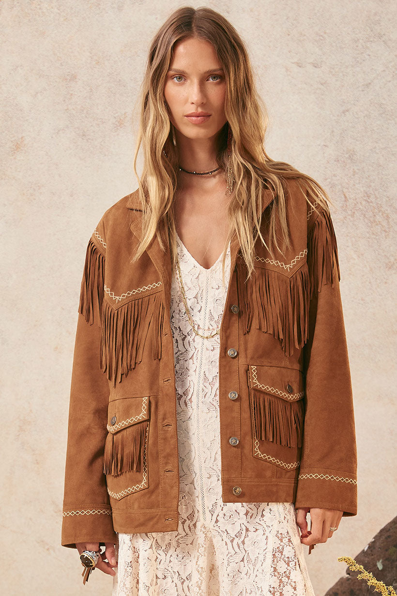 spell - fearless heart suede fringe jacket - vintage tan