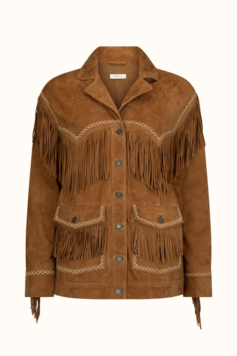 spell - fearless heart suede fringe jacket - vintage tan
