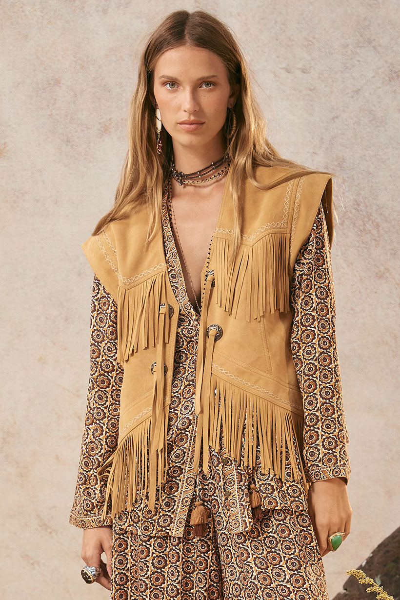 spell - fearless heart suede fringe vest - sun glow