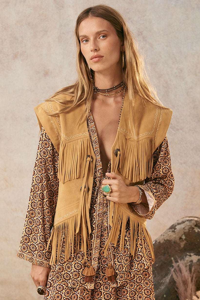 spell - fearless heart suede fringe vest - sun glow
