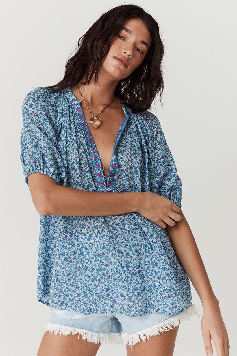 spell - love jetty short sleeve blouse - blue nirvana