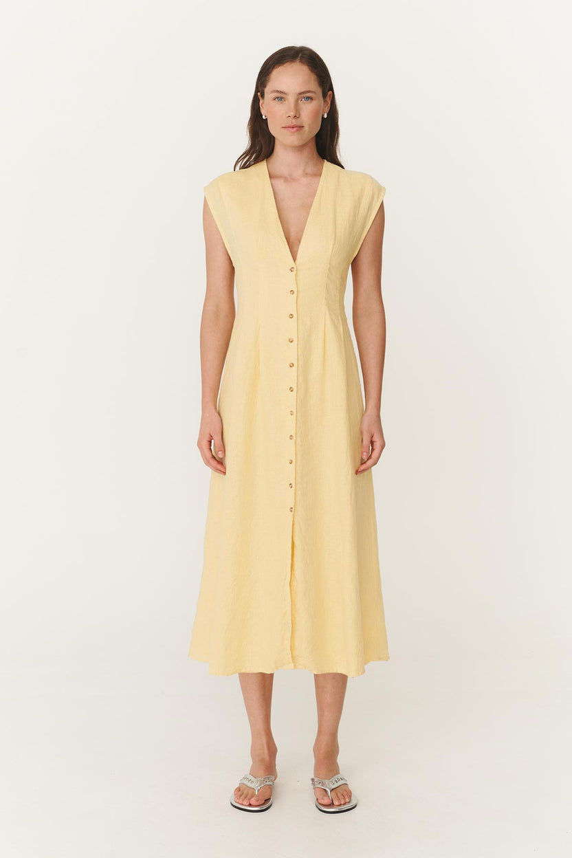 rowie the label - mira linen midi dress - lemon