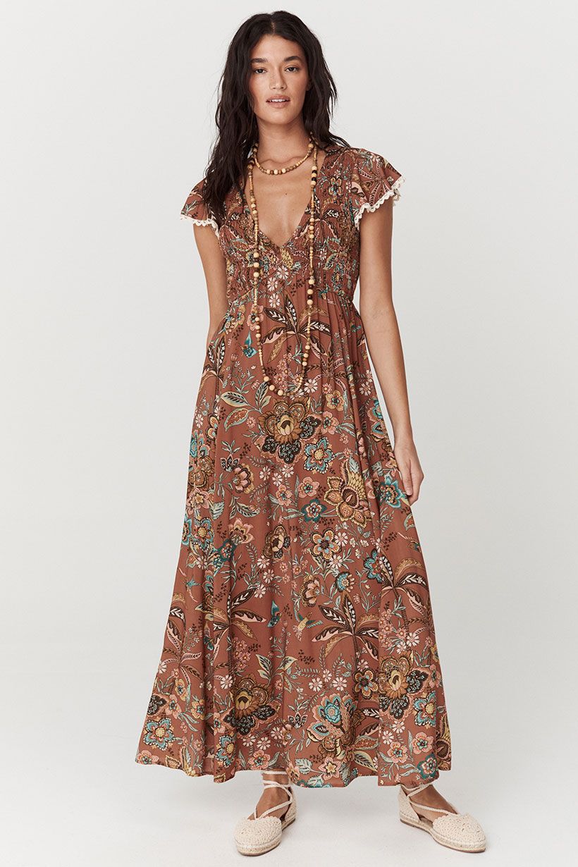 spell - mojave shirred gown - amber